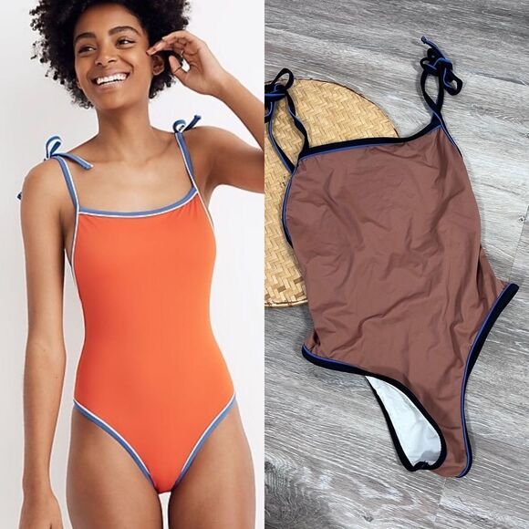 Solid & striped poppy tie strap one piece‎ swimsuit in brown, black, and blue - Picture 1 of 4